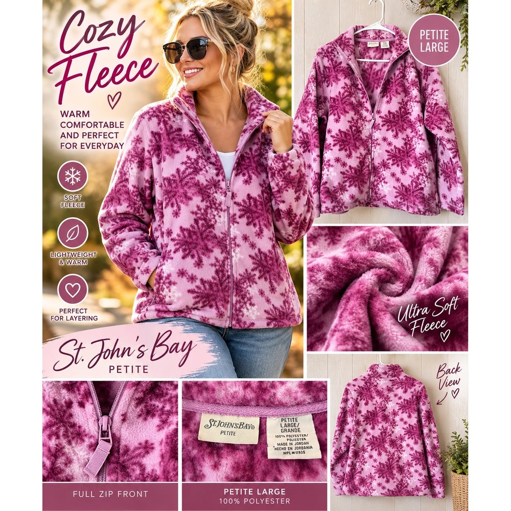 St John's Bay Petite Fleece Jacket Womens PL Pink Snowflake Full Zip Cozy Winter
